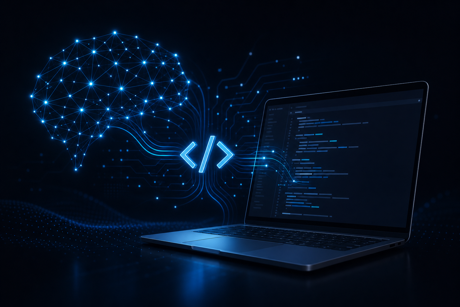 Abstract illustration of AI-assisted software development with connected nodes and code elements