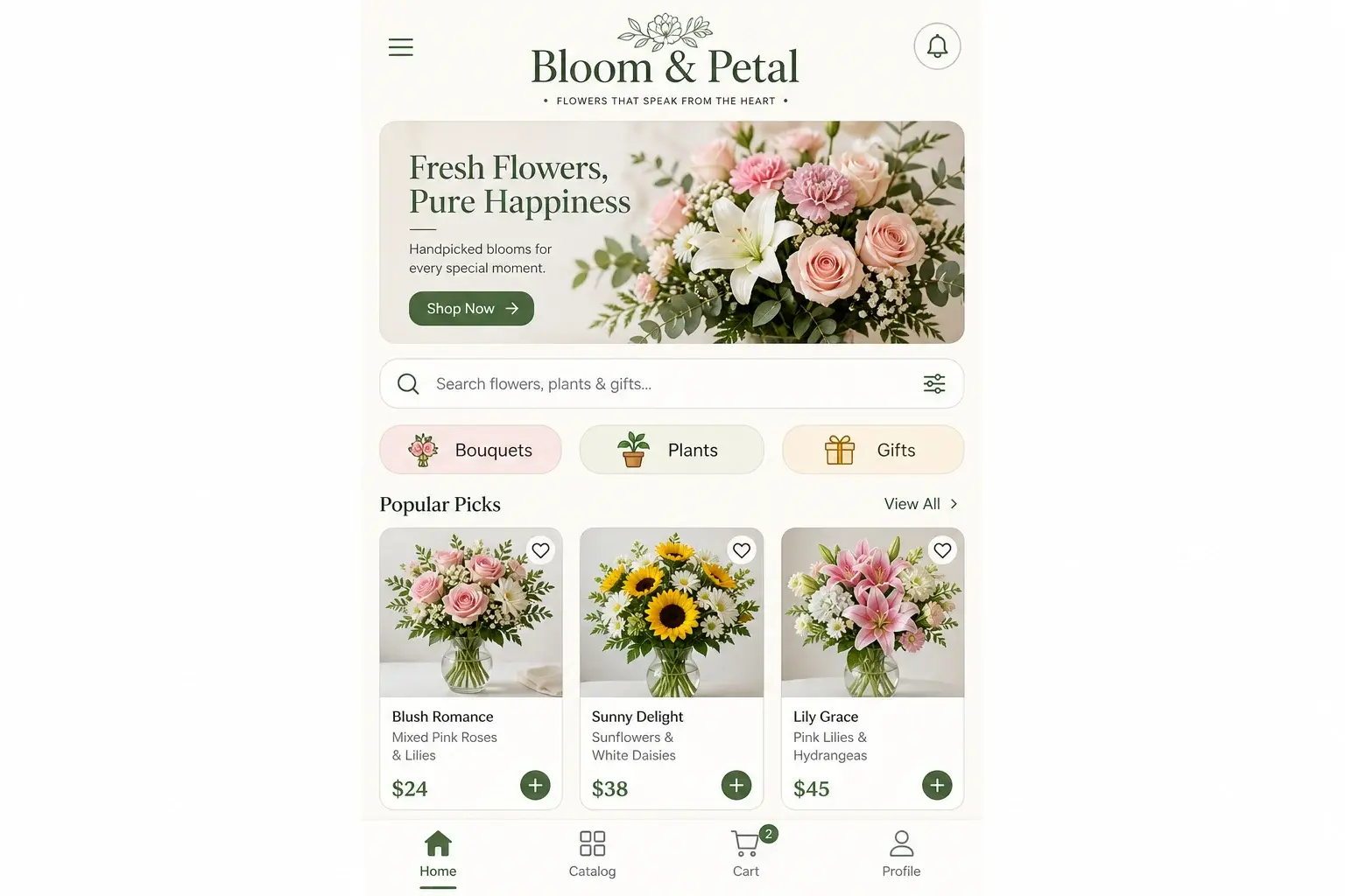 Bloom & Petal flower shop app on iPhone — same React Native UI as the Android version