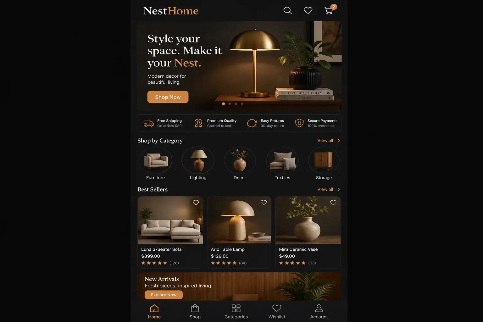 NestHome home decor shopping app on iPhone — furniture catalog and checkout