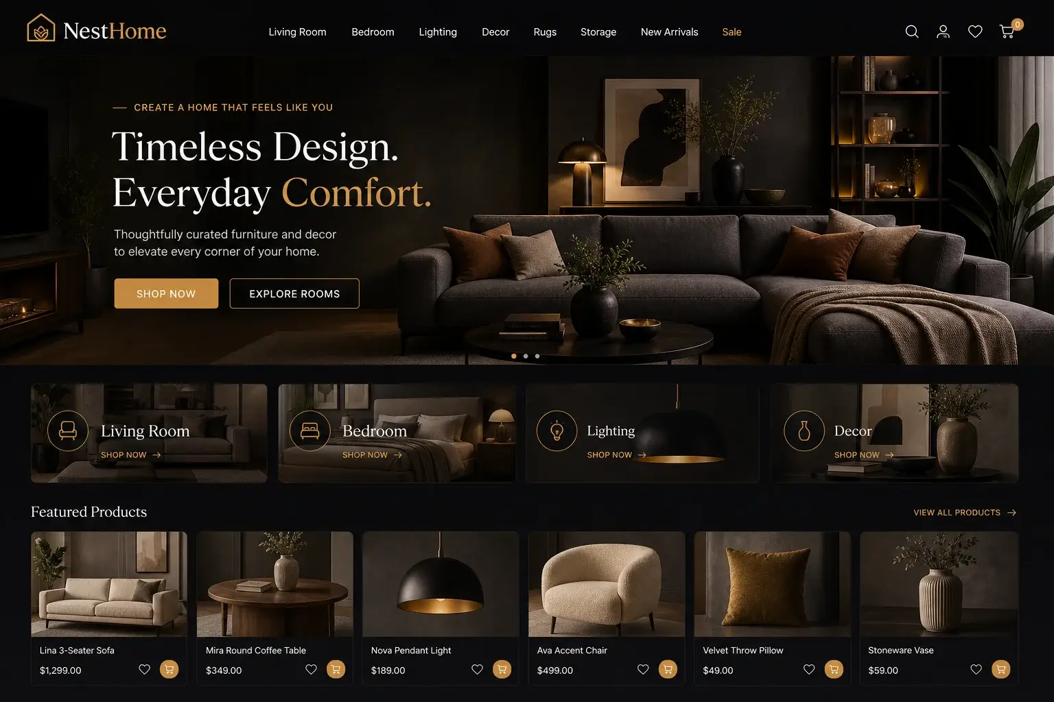 NestHome furniture & decor web storefront in a desktop browser — product catalog and checkout