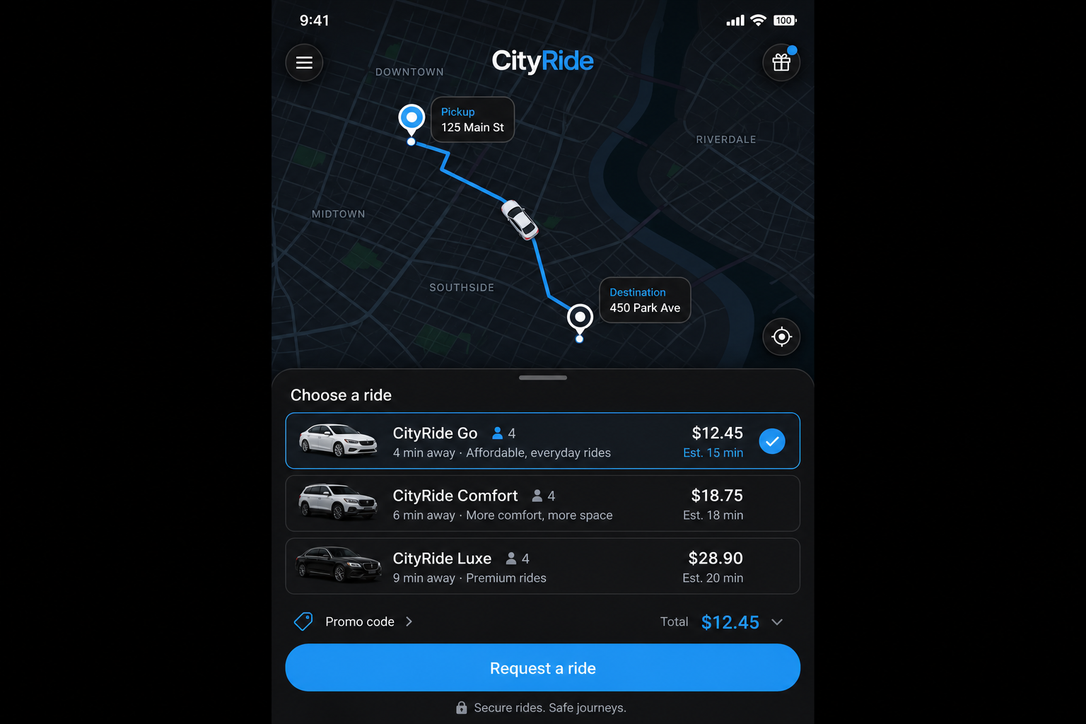 CityRide taxi app with live map on iPhone — same React Native UI as the Android version